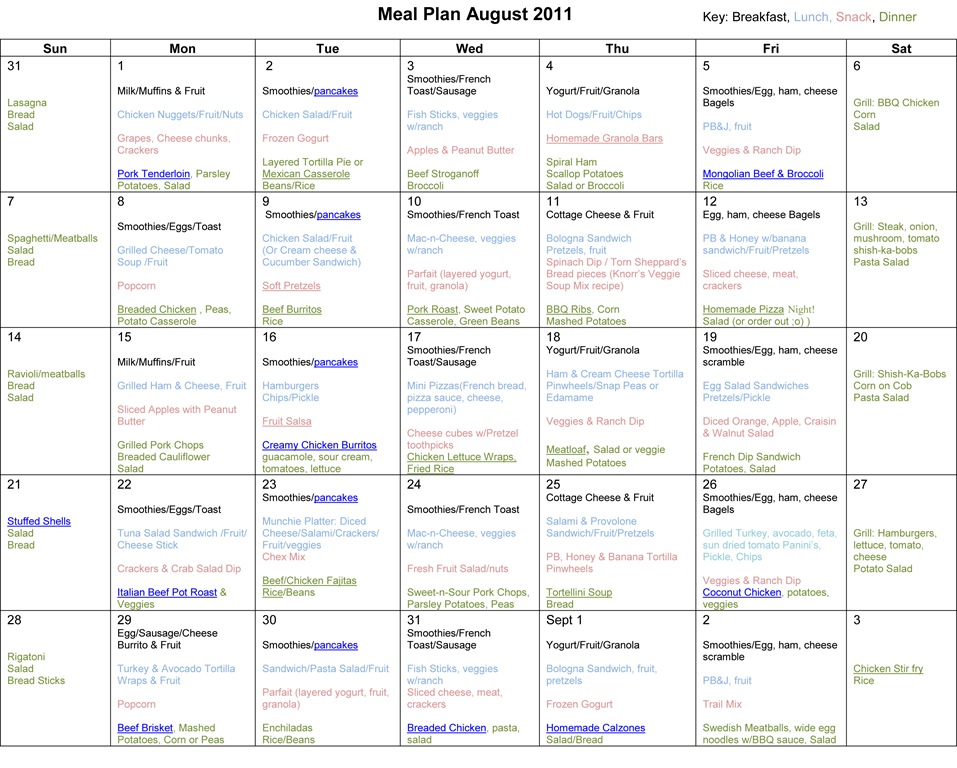 Monthly Meal Planner: August 2011