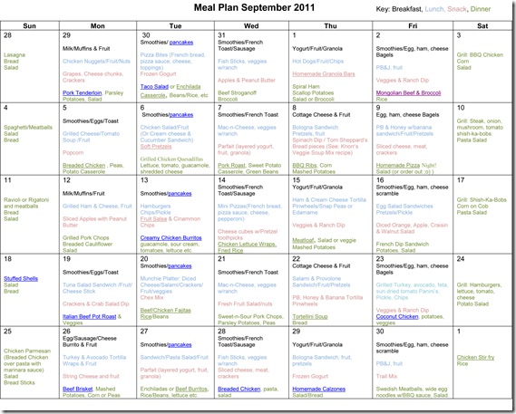 September 2011 Monthly Meal Plan