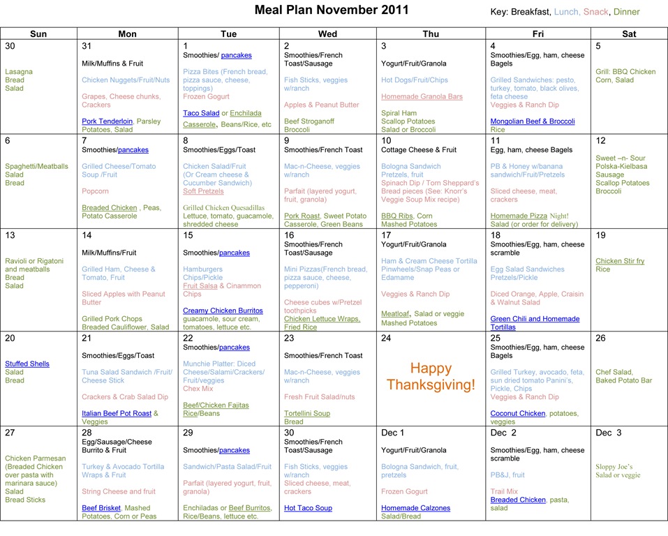 November 2011 Monthly Meal Plan