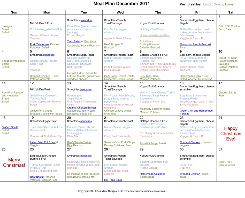 December 2011 Monthly Meal Plan