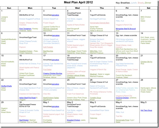 Monthly Meal Plan ~ April 2012