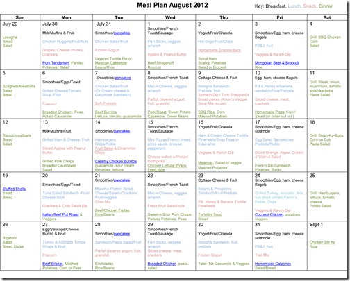 Monthly Meal Plan ~ August 2012