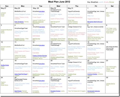 June 2012 Monthly Meal Plan