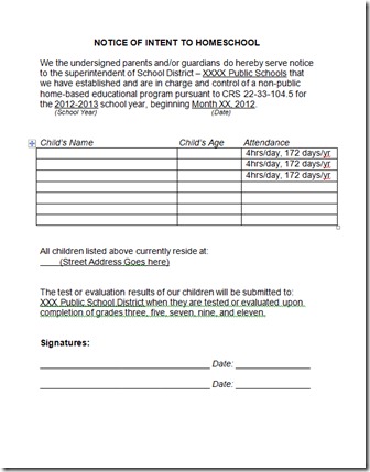 Notice of Intent to Homeschool Form