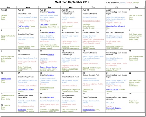 Monthly Meal Plans ~ September 2012