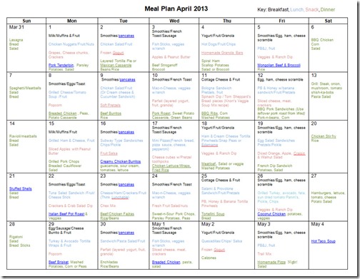 April 2013 Monthly Meal Plan Recipes