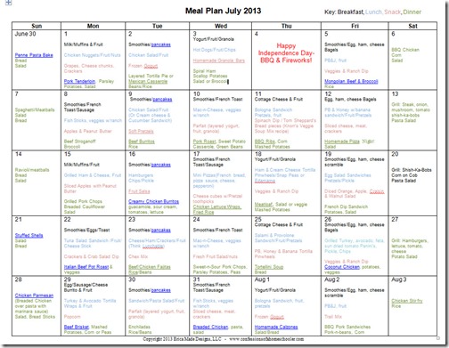 July 2013 Monthly Meal Plan Recipes