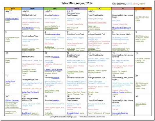 2014 August Monthly Meal Plan