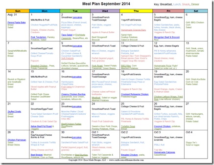 2014 September Monthly Meal Plan