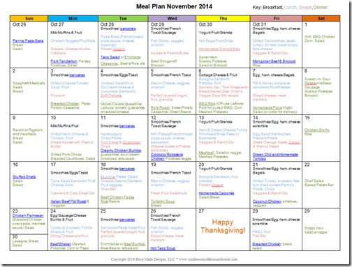 November 2014 Monthly Meal Plan