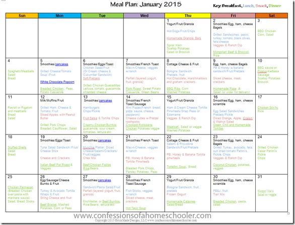 January 2015 Monthly Meal Plan