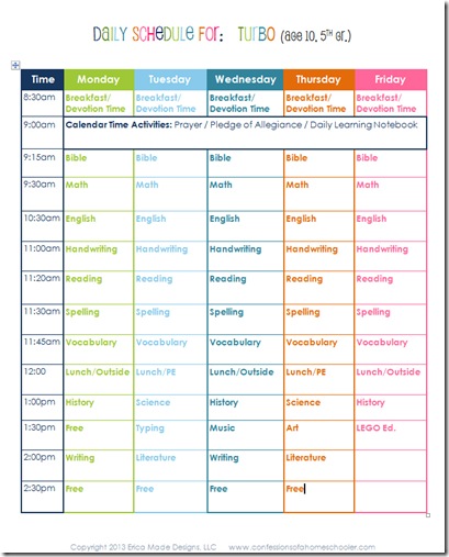 2015 5th Grade Homeschool Schedule