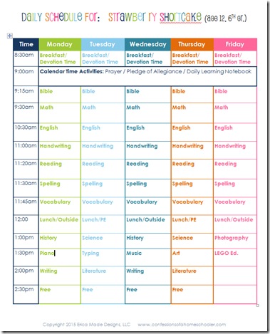 2015 6th Grade Homeschool Schedule