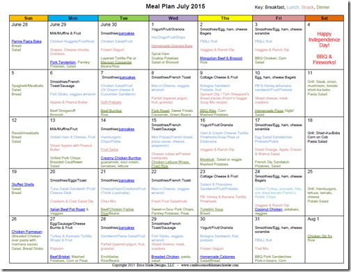 July 2015 Monthly Meal Plan