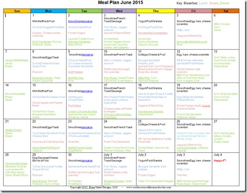 June 2015 Monthly Meal Plan