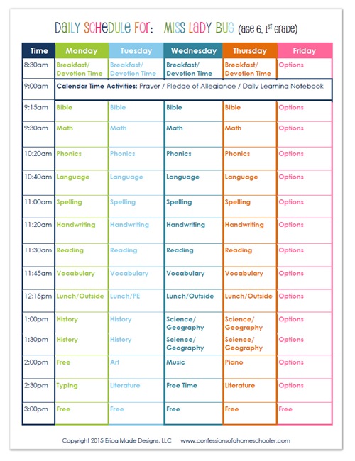 2015 – 1st Grade Homeschool Schedule