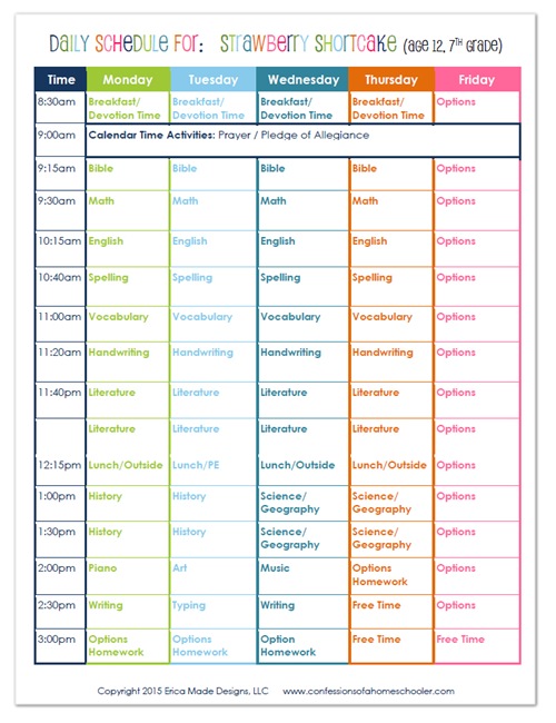 2015 7th Grade Homeschool Schedule