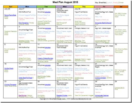 August 2015 Monthly Meal Plan