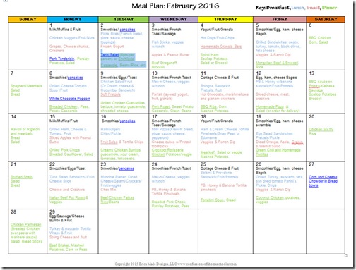 2016 February Monthly Meal Plan