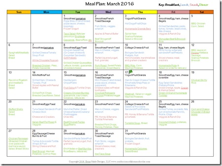 March 2016 Monthly Meal Plan