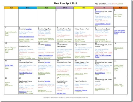 April 2016 Monthly Meal Plan