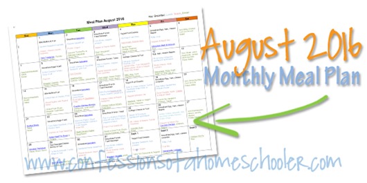 August 2016 Monthly Meal Plan