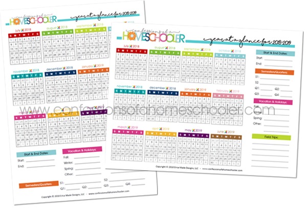 2018-2019 Year at a Glance Calendar Printable