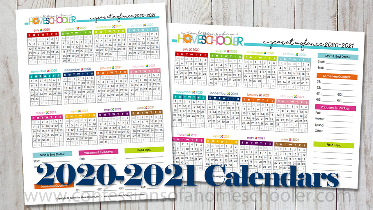 2020 2021 Year At A Glance Printable Calendars Confessions Of A Homeschooler