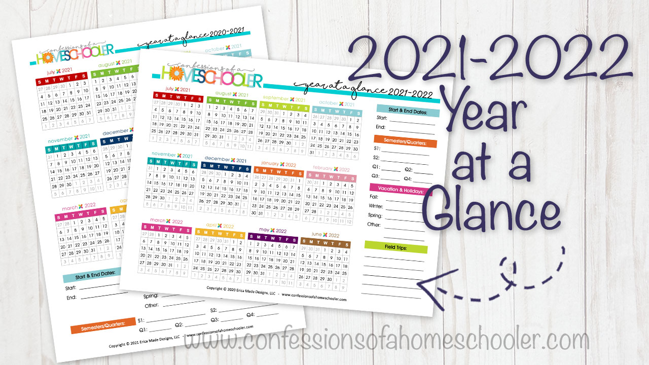 2021 2022 Year At A Glance Calendars Confessions Of A Homeschooler